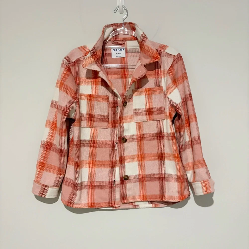 Old Navy Oversized Tunic Shacket Plaid pink orange Girls Size XL